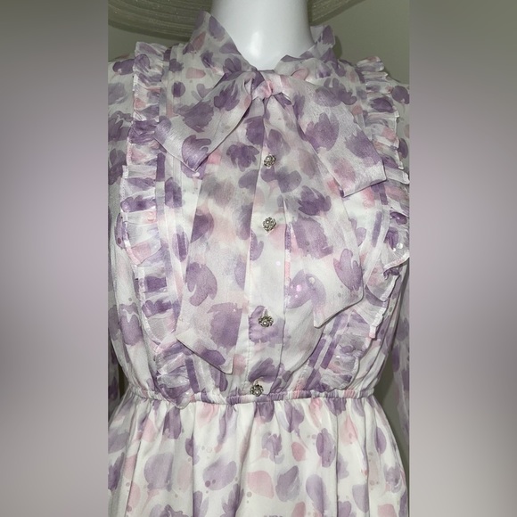 NWT Bow Tie Neck Floral Print Button Front Ruffle Hem A-line Dress Lilac Size S - Picture 14 of 16